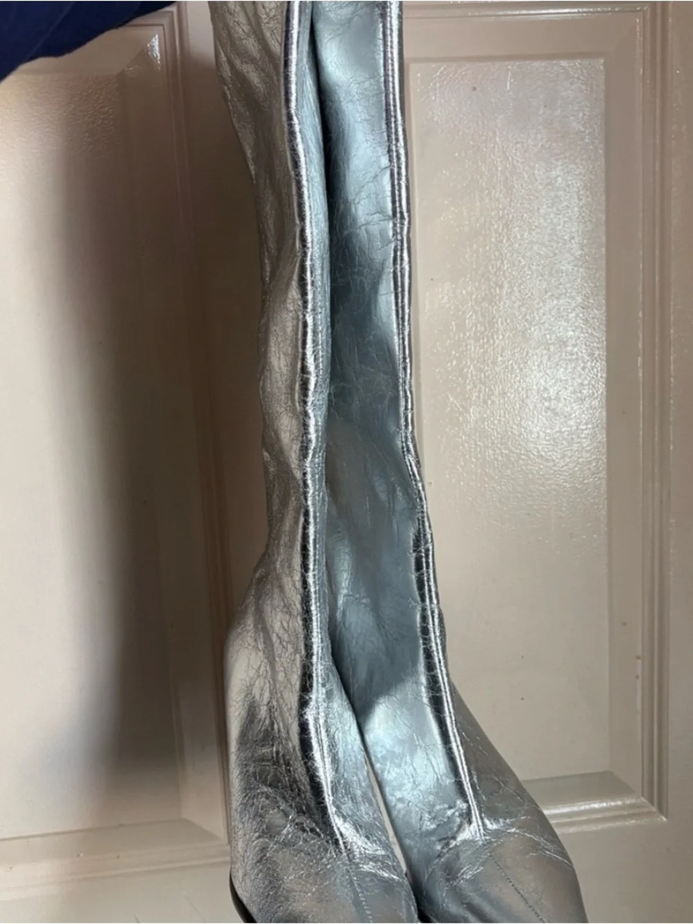 Metallic Silver Knee-High Block Heel Boots - Women Steve Madden
